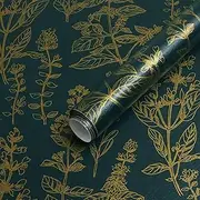 Kitico Gold and Green Floral Wallpaper Peel and Stick Removable Contact Paper Textured Self-Adhesive Vinyl Roll 17.3''x118.1''