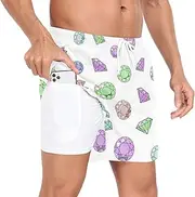 [GuoChe] Mens Swimsuit Trunks Men 2 in 1 Running Shorts Diamonds Colorful with Phone Pocket Inseam Beach Shorts Lightweight