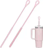 Silicone Straw Cleaner Brush Set - 2PCS Extra Long Reusable Straw Brushes for Glass, Metal & Smoothie Straws - Food Grade BPA-Free with Non-Slip Handle (6mm+9mm, Pink)