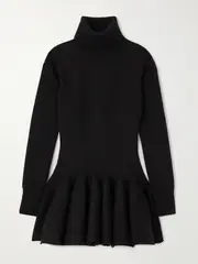 [Valentino Garavani] Valentino Garavani - Pleated Knitted Wool-blend Turtleneck Mini Dress - Black - small small Black