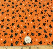 Quilt Craft Fabric 100% Cotton Orange Black Cats Moon Stars Paws Halloween White
