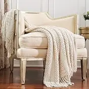 CREVENT Home Decor Farmhouse Couch Sofa Chair Bed Throw Blanket, Soft Warm Cozy Light Weight for Travelling (127X152CM Beige/Ivory)