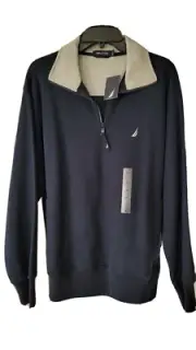 Nautica Quarter Zip Mock Neck Sweat Shirt Pullover, Navy, Medium, NWT