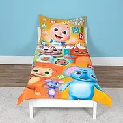 CoComelon Learning is Fun 4 Piece Toddler Bedding Set – Includes Comforter, Sheet Set – Fitted + Top Sheet + Reversible Pillowcase for Boys and Girls Bed, Letters and Music Design, Orange