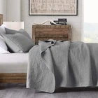 Quilt Set King Size Grey, Classic Geometric Spots Stitched Pattern, Stone-Was...