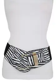 Women Black White Color Faux Leather Zebra Elastic Fashion Belt Hook Size S M