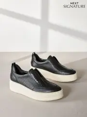 Black Croc Slip On Signature Forever Comfort® Leather Chunky Wedge Platform Trainers (E85990) | $98