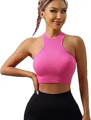 [Kxydlww] Women's Sporty Tank Top Summer Crew Neck Crop Top Sports Sleeveless T-Shirt Sexy Backless Blouse Tank Top Running Yoga Athletic Gym Pilates Shirts