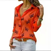 Unbrand Over Women Butterfly Print Loose Blouse Shirts Summer Female Long Sleeve Button Baggy OL Workwear Tops ARJ-199Y Red M