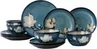 Dinnerware Set Blue Stoneware 12 Pieces Service for 4, Stoneware Plates and Bowl