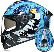 Full Face Motorcycle Helmet Flip Up Helmet Motorbike Moped Street Bike Racing Helmet for Man and Woman DOT/ECE Approved Off Road Helmet with Double Visor A,M=57-58CM