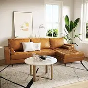 3 Seater Leather Corner Sofa Lounge Suite Couch w/Chaise Solid Wood Frame, Tan Brown