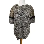 Monsoon Ladies Tunic Top Size 16 Brown Black Animal Print Smock Boho Ruffle