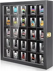 tutata Shot Glass Display Case, 25 Slots Shot Glass Holder with Door, Wall Mounted Shot Glass Storage Case, Black, TBCL07