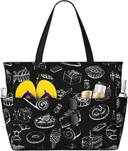 [Ghjkfbf] Pastries On Chalkboard Print Large Capacity Beach Travel Bag For Family, Beach Tote Bag For Women With Zipper Pockets, Black, One Size