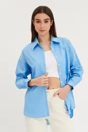 Blue Relaxed Shirts Long Sleeve Button Up - Size M, Women's Shirt
