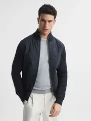 Reiss Navy Trainer Hybrid Quilt and Knit Zip-Through Jacket (M20812) | $360
