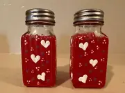 Hand Painted Purple and White Hearts on Red Valentine’s Salt and Pepper Shakers