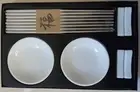 Anasazi Homewares Asian Dining Set White Porcelain Bowls Rests Silver Chopsticks