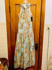 Aidan Matrix halter criss-cross tiered maxi dress teal multi gold NWT sz 4 $330