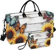 [ZRYSMY] Rustic Board Sunflower Butterfly Duffel Bag for Traveling, Travel Bag Gym Bag, with Multiple Interior Pockets Shoulder Weekender Bag for Women Men with Toiletry Bag 20.5L x 1.9W x 13.8H