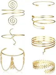 [Sanfenly] 7 Pcs Gold Plated Arm Cuff Upper Arm Band Cuff Bracelet Armband Set Adjustable Simple Coil Bangle for Women