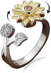[Hebelee] Rotatable CZ Sunflower Spinner Ring for Women Fashion Crystal Rotating Flower Stackable Statement Open Wrap Finger Rings Comfort Fit Adjustable Fidget Anxiety Relieving Stress Jewelry