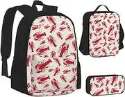 [ERCgad] Red Lobster Print Canvas 3-In-1 School Bags Set Backpack Lunch Bag Pencil Case Combo For Men Women, Black, One Size