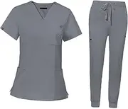 [yuksok] Uniforms Scrub Set with Pockets Nurse Top and Pants Modern Female Work Clothing Work suits Workwear for Athletic Pet Grooming, XS, Gray
