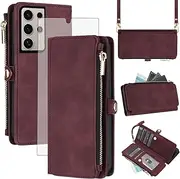 [Asuwish] Mobile Phone Case for Samsung Galaxy S24 Ultra 5G Case with Strap and Film Screen Protector RFID Card Slot Foldable Leather Flowers Wallet Stand S24Ultra 24S S 24 24Ultra Cases Phone Case Dark