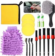 Mardatt 16Pcs Car Detailing Brush Set Includes Wheel & Rim Brush, Wire Brushes, Air Vent Brush, Wax Applicator Pads, Dual Sided Car Wash Mitt, Microfiber Towel for Tire and Rim Cleaning Dirt