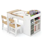 Babyjoy Kids Art Table & 2 Chairs Set Craft Station w/Paper Roll Flip-up Drawing Study Desk Natural