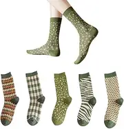 [AKAMAS] 5 Pairs of Women's Vintage Socks, Funny Green Crew Socks, Breathable Cotton Socks, Warm Causual Socks with Floral Patterns, Zebra Pattern, Checked Pattern, Gifts for Girls, multicoloured, 35-41
