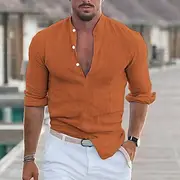 Men's Linen Shirt Band Collar Shirt Popover Shirt Casual Shirt Plain Vacation Curise Black White Pink Navy Blue Long Sleeve Collar Spring Summer Clothing Appa