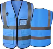 [AKEIVN] Mesh Safety Vest for Men and Women, High Visibility Reflective Safety Vest with Pockets, Zip Front, Meets ANSI/ISEA Standards, blue, XL
