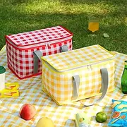 Large Insulated Picnic Tote Bag - Red White Checkered Oxford Fabric Multi-Purpose Outdoor Travel Camping Storage Basket with Laptop Sleeve Ideal for Picnics