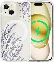 Magnetic Clear Flower Case for iPhone 15 Plus, Compatible with MagSafe, Floral Pattern Transparent Shockproof PC Back Soft TPU Slim Thin Cover for Girls Women iPhone 15 Plus 6.7'' - Lavender