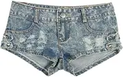 [Bciopll] Women Sexy Cut Off Hole Sequined Low Waist Denim Jeans Shorts Mini Pants Shorts