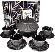 KIYOSHI Luxury 11PC Japanese Tea Set. Black Cast Iron Tea Pot with 4 Tea Cups, 4 Saucers, Loose Leaf Tea Infuser and Teapot Trivet. Ceremonial Matcha Accessories