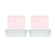 Pyrex (2) 7210 3-Cup Glass Dishes & (2) 7210-PC Loring Pink Plastic Lids