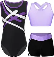 [Jugaoge] Kids Girls Gymnastic Dance Unitards Sleeveless Racer Back U Neck Crop Top with Leotard Shorts Set