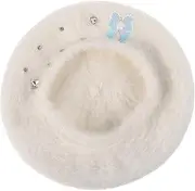 [BESTYASH] Bow Beret Clothing Beret Plush Beret Girl Hat Imitation Rabbits Thunder Hat Women's Beret Fluffy Hat DIY Craft Dollhouse Decor Retro Headwear Cute Berets Bow Hat White Faux Wool