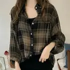 Lady Chiffon Plaid Blouse Check Shirts Top Loose Asymmetric Sheer Casual Button