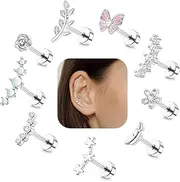 Sanfenly 9Pcs 16G Cartilage Earring Set Stainless Steel Helix Earrings for Women Opal CZ Stud Earrings Butterfly Star Flower Flat Back Cartilage Conch Piercing Jewelry