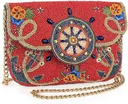 [MARY FRANCES] Captain's Helm Beaded Crossbody Handbag Nautical Wheel Clutch Purse Anchor Embellished Evening Bag, Red, Red, Free Size