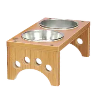 在飛比找松果購物優惠-【MOMOCAT】雙口小型犬貓餐桌黃金柚木色附鐵碗 高11~