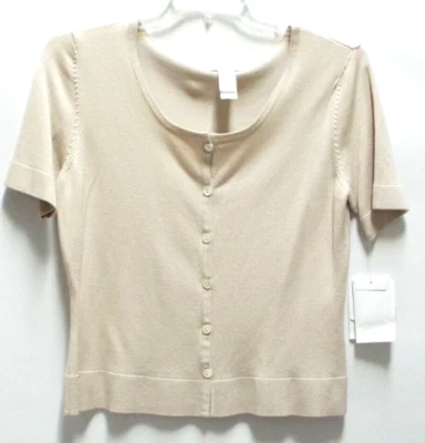 Liz Clairborne Womens Beige Short Sleeve Button Top Round Collar Stretchy Silk M