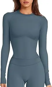 [OSTAUG] Long Sleeve Workout Tops for Women Double Lined Fitted Crop Top Sport Running Shirts Athletic Gym Tops