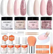 Modelones Dip Powder Nail Kit, 4 Colors White Nude Pink Glitter Dip Nails Powder Starter Kit Base/Top Coat/Activator/Brush Saver for Home DIY Manicure Salon