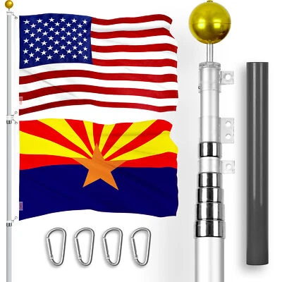 25 Ft Telescoping Flagpole Silver & American and Arizona Flags Emb 300D 3x5Ft